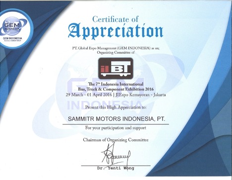 certificate The 7th Indonesia International Bus Truck & Component Exhibition 2016